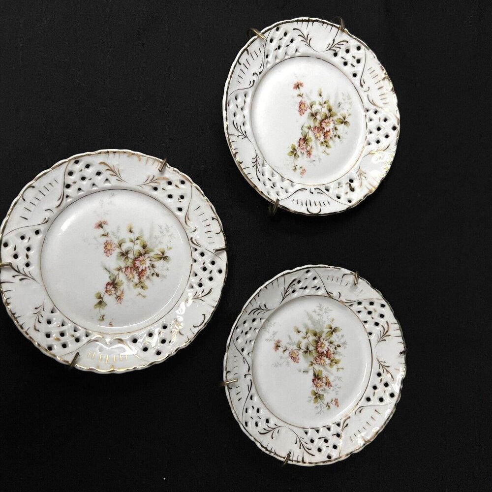 Antique 5" Plate Lattice Design Floral Porcelain Ceramic Hanging Plates Set of 3